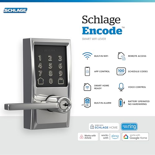 Image of Schlage Encode Smart WiFi Lock, Lever Handle, Century Trim, Bright Chrome | Keyless door lock with handle, Touchscreen keypad, App control, Alexa, Google, Ring & Airbnb compatible, Certified security