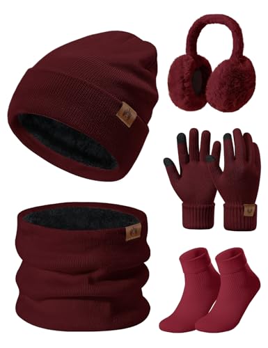 UMIPUBO Mütze Schal Handschuhe Damen Winter Set Wintermütze Fleece Gefütterte Beanie Loop Schlauchschal Wärmer Touchscreen Plüsch Ohrenwärmer Verdickte Ohrenschützer Socken-5 Stück Set，Weinrot