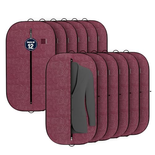 Image of Kuber Industries 12 Pcs Non Woven Blazer Cover with Zip | Hanging Coat Bags for Jacket, Saree, Shirt, Garments Clothes | Unisex Dress Wardrobe Organizer Folding Suit Covers | Emboosed - Maroon
