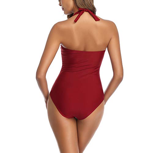 Image of Smismivo Tummy Control Swimwear Halter One Piece Slimming Vintage Retro Swimsuit Womens Ruched Push Up Bathing Suit