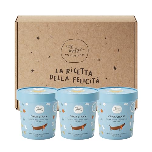 Biscotti per Cani senza Cereali, senza Glutine | SET X3 Biscotti Cane Crick Crok proteina d'Insetto Mela, Frutta e Verdura | Snack per Cani sensibili e con Dermatite | 300 gr | Snack Hygge Dog