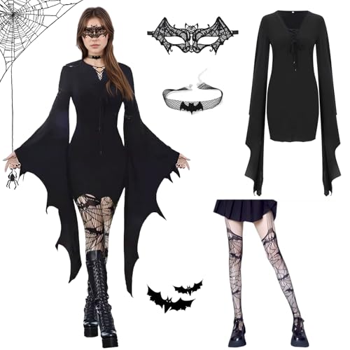 CHENBOOW Fantasia de morcego, disfarces de Halloween, disfarce de Halloween, morcego preto, roupa gótica para mulher, para carnaval, Mardi Gras, festa temática de Todos os Santos