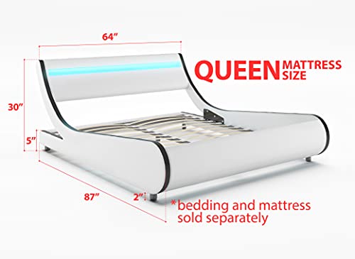 Ztozz Naples-Z Wave Like Led Bed Frame Queen Size - Sleigh Contemporary Modern Curved Pu Upholstered Low Profile Platform Bed With Designer Led Lights Headboard - White+Black Strip Color #TOP1