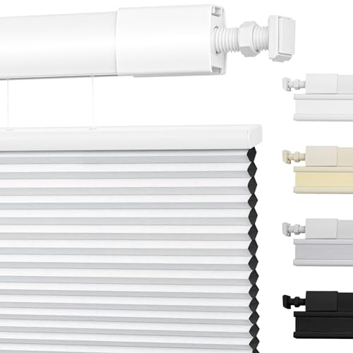 Moonice No Drill Top Down Bottom Up Cellular Pleated Shades Cordless Shades for Windows Blackout Honeycomb Blinds for Home Bedroom Office (Blackout - White, 114cm W x 122cm H)