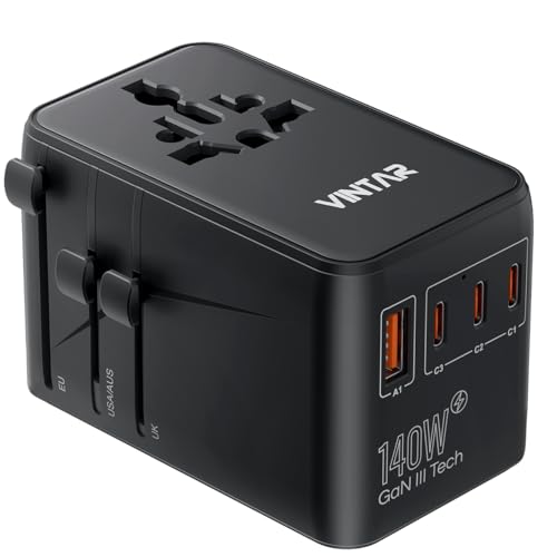 Image of VINTAR 140W GaN Universal Travel Adapter, 6-in-1 International Power Adapter with 2AC, 3 USB-C PD & 1 USB-A QC, All-in-One Charger Compatible with EU /UK /US /AU for Laptops, Tablets, Phones, Cameras