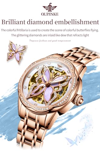 Image of OLEVS Womens Diamond Watches Automatic Mechanical Gold Luxury Dress Ladies Self Winding Original Stainless Steel Wrist Watch