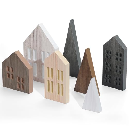 Marsui 7 Pcs Farmhouse Table Decor - Wooden House Silhouettes Rus...