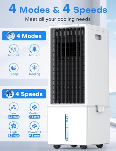 Image of HIFRESH Air Cooler for Room Cooling, 31Ft Air Throw, 4 Modes & 4 Speeds, Remote & Touch, 12H Timer, 12L Tank for 24H Cooling, Waterless Alert, 2 Ice Packs, Low Power Consumption Tower Cooler for Home
