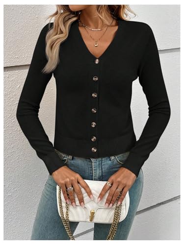 Image of Verdusa Women's Button Down Lightweight Cardigan Sweaters Old Money Long Sleeve Fitted Knit Tops Spring Fall Outfits