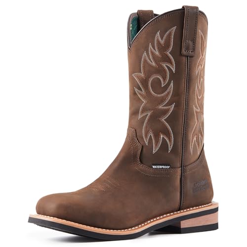 11'' Cowboy Work Boot for Men, Wide Square Toe Work Boots, Pull on Comfortable Soft Boots, Crazy Horse Leather, Oil & Slip Resistant, Waterproof, EH G11242N