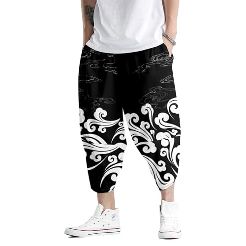 Image of DOSLAVIDA Men's Japanese Kimono Cardigan Suit Chinese Style Printed Jacket Pants Set Open Front Seven Sleeve Top & Shorts