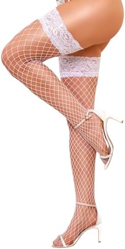 RSLOVE Fishnet Thigh High Stockings for Women - Sexy Lace Top Silicone Hold Up