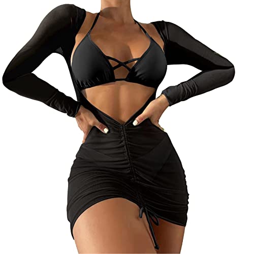 SherryDC Women's Sexy 3 Piece Swimsuits Halter Triangle Bikini Sets with Long Sleeve Cover Up Drawstring Bathing Suit