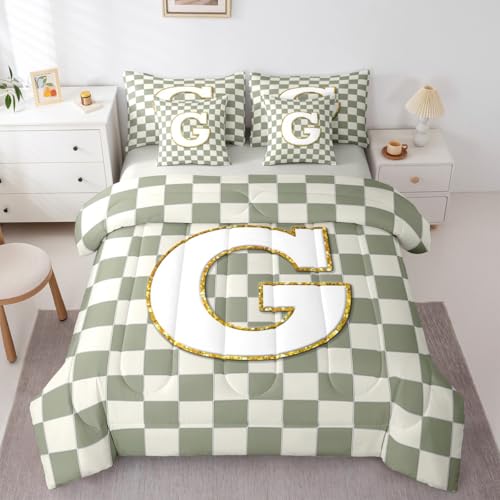 Image of Erosebridal Sage Green Checkered King Comforter Set with Sheets 7 Piece Plaid Initial G Bed in A Bag Personalized Monogram Bedding Sets for Kids Adults,Fashion Grids Gingham Bed Set