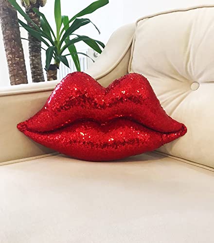 Hot Lips Shaped Decorative Pillow - Double Sided Sequin Glitter Kiss Pillow - 18.5 x 10.5 x 3.5 inches (Red)