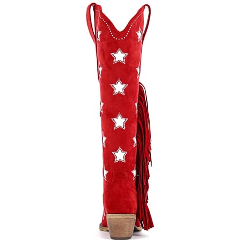 Yolkomo Women's Knee High Cowboy Boots with Fringe Western Cowgirl Boots with Rhinestones Stars4