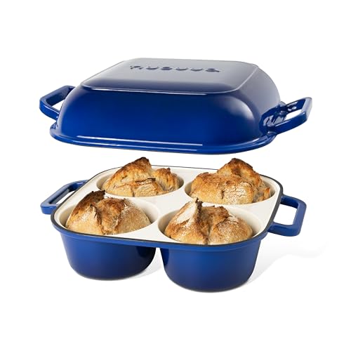 QuadPro Enamelled Cast Iron Bread Loaf Pot Dutch Oven for Sourdough Bread Baking 500F Oven Safe Non Stick Bread Pot 4 Round Loaf Spaces (4.90-inch Diameter) Dark Blue by Nuovva