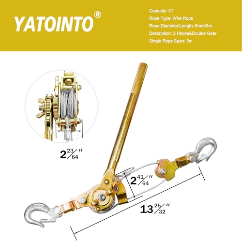 YATOINTO Extrator de guincho de cabo de 3 toneladas com corda dupla extrator manual resistente de 2,