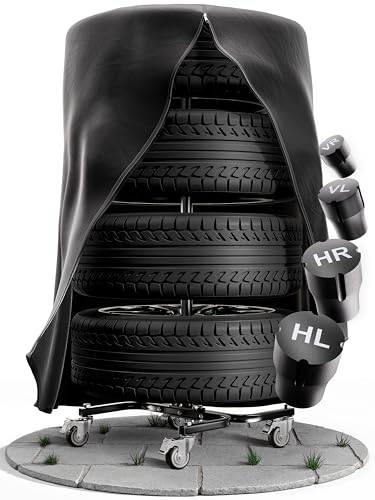 NEOPEAK® Felgenbaum XL mit Schutzhülle | Fahrbarer Reifenständer für 4 Autoreifen bis 285 mm Breite und 24 Zoll | stabile & platzsparende Reifen Aufbewahrung