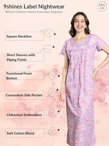 Image of 9shines Label Stylish Chikankari Cotton Nighty Maxi for Women | Full Length Nightgown | Nightdress with Pocket | Embroidery Nighty | Soft Comfortable Cotton Nightwear (1545)