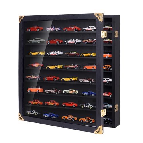 Image of Giant Model Car Display Case with Wall Mounts,Display up to 50 Cars ,Model Hot Toy Cars Storage Organizer,15.7*2.75*16.7 Inches,UV Protection Acrylic Glass Door,Gold Lock,Black