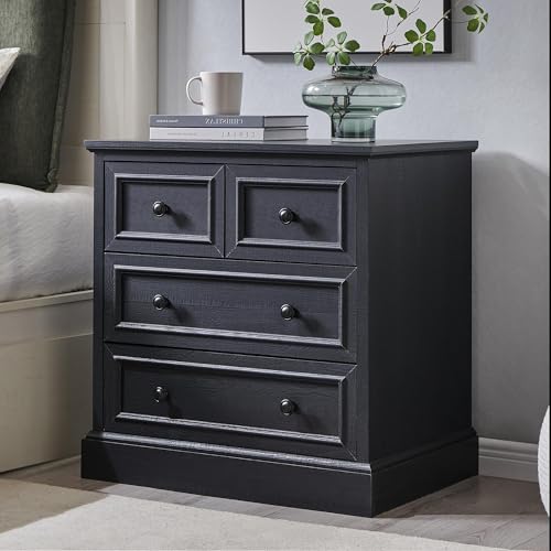 Image of ACCOHOHO Farmhouse Nightstand with 4 Drawers, 26 inch Wide End Table with Storage, Modern Nightstand with Charging Station for Bedroom, Black