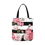 Peony Roses Black and White Stripes Flower Canvas Tote Bag Handbag Purse for Women