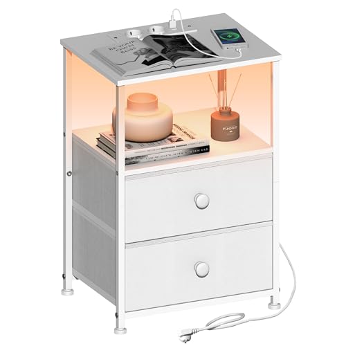 VEDECASA Mesita de noche con estación de carga y luces LED, mesita de noche blanca moderna con 2 cajones y estantes...