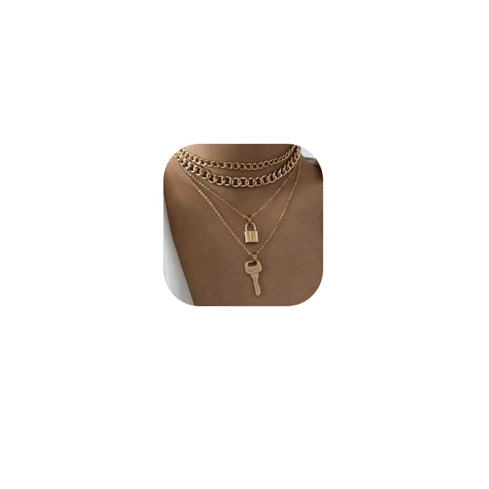 fxmimior4 Tier Gold Key and lock Punk Choker Handmade Layered Bar Party Wedding Necklace Jewelry For Women