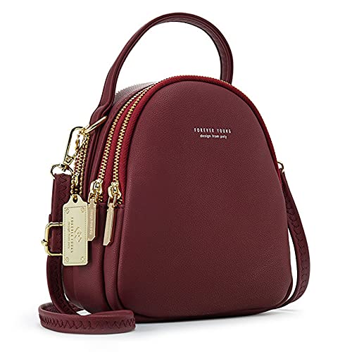 Aeeque Mini Backpack Purse for Women PU Leather Small Backpacks for Teens Girls Multiple Zipper Pockets Womens Cute Tiny Bag Purse Casual Backpacks Cell Phone Purse for iPhone 13 Pro Max(Wine red)