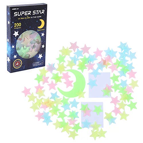 Glow in The Dark Stars Stickers for Ceiling, Adhesive 200pcs 3D Glowing Stars and Moon for Kids Bedroom, Luminous Stars Stickers Create a Starry Sky,Room Decor, Wall Stickers