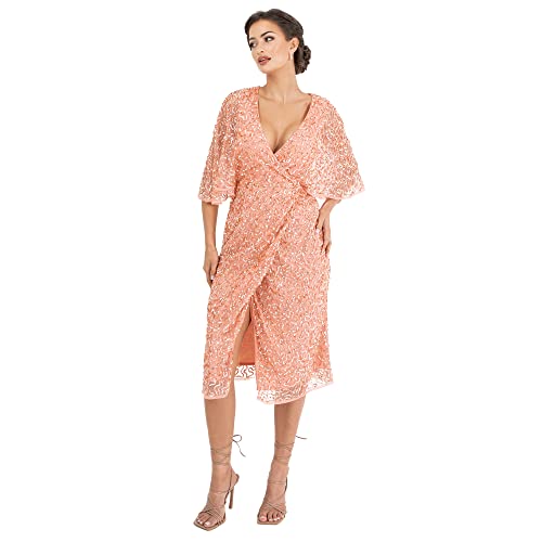 Maya Deluxe Damen Womens Midi Dress Ladies Sequin Embellished Cape Sleeve Wrap Dress for Wedding Guest Bridesmaid Cocktail Prom Evening Kleid, Apricot...