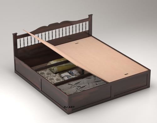Image of Solid Sheesham Wood King Size Bed with Box Storage for Bedroom Living Room Home Hotel Wooden Double Bed Cot Palang Home Furniture (Walnut Finish)