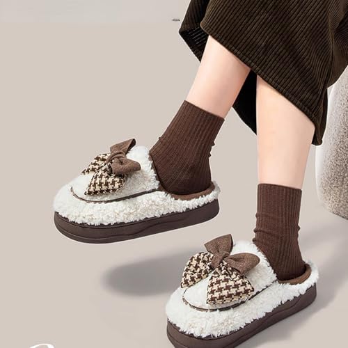 Women's Houndstooth Bowknot Plush Slippers for Winter, Fuzzy Platform Home Shoes Indoor Outdoor2