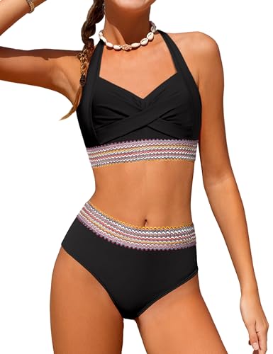 Girls Swimsuits Two Piece Bikini Set Criss Cross Halterneck Woven Contrast Trim Bathing Suits for 9-16Y