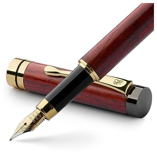 Wordsworth & Black Juego de pluma estilográfica, madera de bambú premium, plumilla mediana, estuche de regalo, Incluye 6 cartuchos de tinta, convertidor de recarga de tinta, [Palo de rosa]