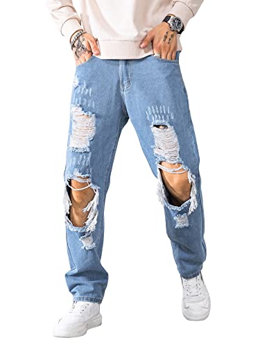WDIRARA Men's Cut Out Ripped Frayed Zipper Fly Long Straight Leg Denim Jeans