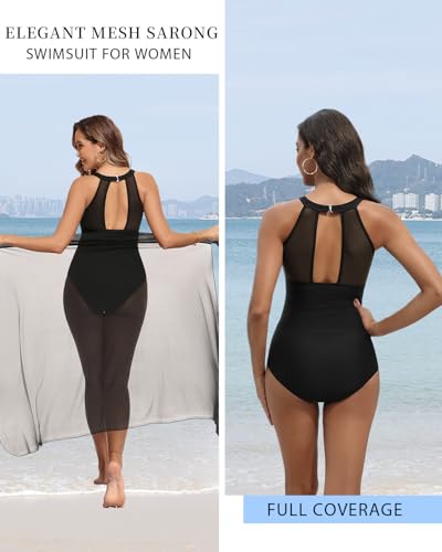 Image of Tempt Me Women One Piece Swimsuit Tummy Control Bathing Suit | High neck, Removable cups, Full coverage, Ruched, Mesh, Full lining