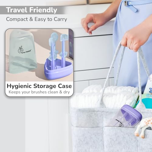 Image of R for Rabbit Tiny Smiles Pixie 3-in-1 Baby Toothbrush Set BPA-Free Silicone | Gum Massager, U-Shape & Toddler Brush with Travel Case (3Pcs) | Ultra Soft Teeth Cleaner for 0-18 M Babies (Purple)