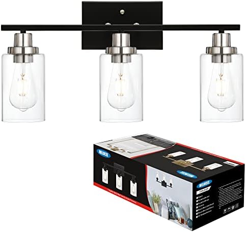 MELUCEE Modern Bathroom Lighting with Clear Glass Shade, 3-Light Black Vanity Light Wall Mount Lamp for Bedroom Vanity Table Bathroom Dressing Table, Brushed Nickel Finish Socket
