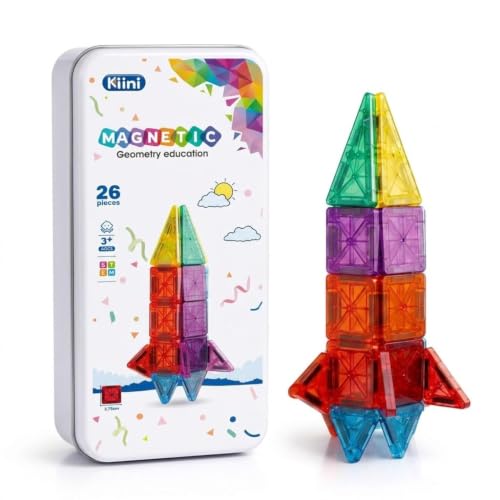 Image of Happy Hues 26 Pcs Mini Magnetic Tiles Travel Set- STEM Magnetic Building Blocks with Tin Storage Case, Safe BPA-Free Educational Toy for Toddlers & Kids Ages 3+
