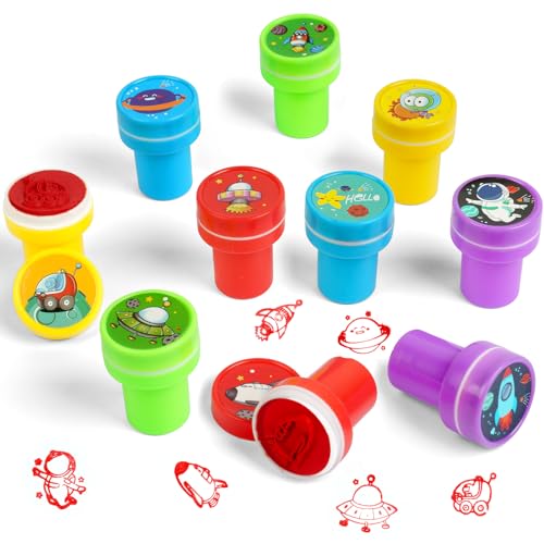 OSDUE 10PCS Sellos para Niños, Conjunto de Sellos del Universo, Sellos de Juguetes Multicolores, Sellos de Tinta para Niños, Juguetes para Niños, Favores de Fiesta para Niños, Premios Escolares
