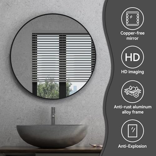 Image of Sidra Decor Round Wall Mirror with Black Metal Frame for Home Decoration | Circle Hanging Mirror for Bathroom, Living Room, Bedroom | Modern Vanity Wall Decor & wash Basin (Black 18 Inch)