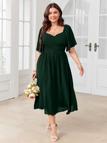 Image of SHESTARR Women's Plus Size Midi Dress Sweetheart Neck Short Sleeve Wedding Guest Cocktail A Line Flowy Dress