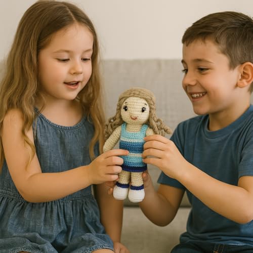 Image of Sutra Handmade Crochet Doll in Blue Dress | Wool Amigurumi Plush Toy | Soft & Safe Handmade Gift for Kids, Nursery & Home Decor