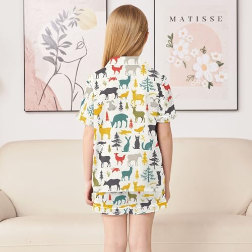 ALAZA Deer Fox Rabbit Tree Pajamas Satin Pajama Set Short Sleeve Button Down Sleepwear4