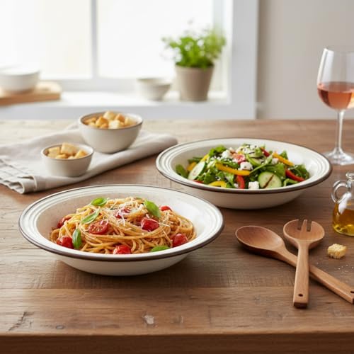 Image of Beyond Homes Ceramic Pasta Plates Shallow, 18cm, Set of 2, White Brown | Matte Finish Ceramic Pasta Bowl | Flat Stoneware Pasta and Maggie Bowl | Chip-Resistant | Microwave Safe; (2, White Brown Rim)