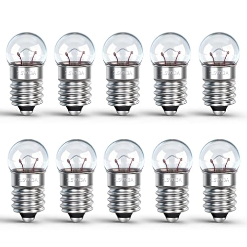 Caldarax 10 Stück Kugellampe E10 DC 2.5V 0.3A Warmweiß 3000K E10 Glühlampe Glühbirne Miniatur Schraubfuß Ersatzlampe für Elektrische Experiment Taschenlampen Krippenbeleuchtung Warnleuchte