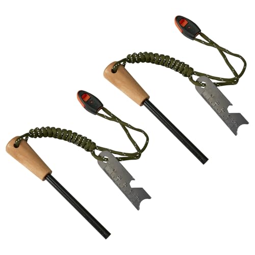 Flint and Steel 2 Pack, 5/16″ Ferro Rod Fire Starter Kit with Handcrafted Wood Handle and Paracord Lanyard, Scale Scraper & Whistle, Outdoor Survival Kits for Your Hiking, Camping Accessories