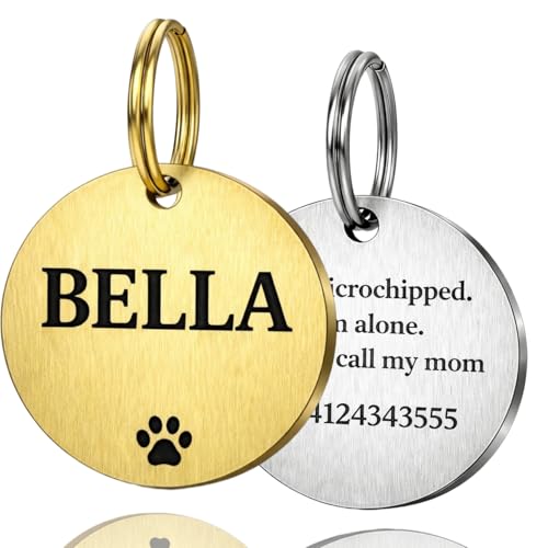 Pet ID Tag Personalized Double-Sided Solid Brass Dog Cat ID Tag - Deep Laser Engraved Name Tags for Dogs & Cats Durable Brushed Metal ID Tag, Hand-Finished in UK, Fast Delivery 20mm/25mm/30mm/35mm